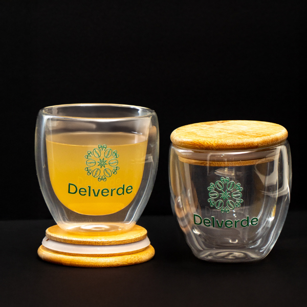 Taza de cristal doble fondo + tapa/porta taza en Bambú